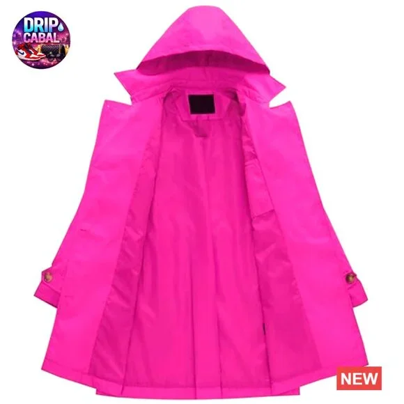 Double Breasted Trench Coat Mid-Length Belted Overcoat with Detachable Hood - Picture 5 of 7